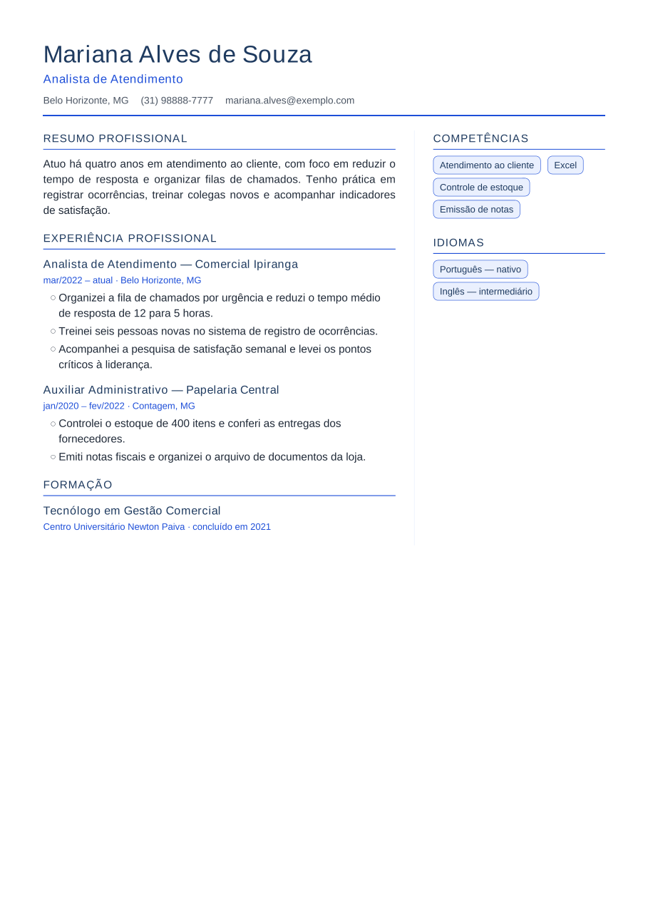Exemplo de currículo pronto, no modelo Clássico azul